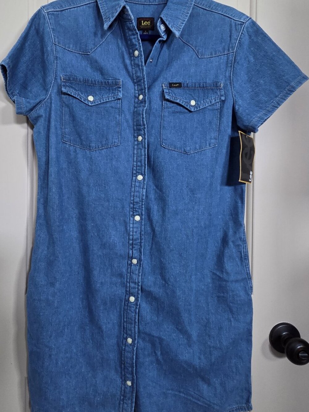 Lee Denim Short Sleeve Mini Dress Full Front Snap Buttons Sz Sm NWT